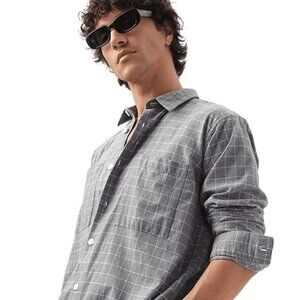 Men's Long Sleeve Windowpane Plaid Button-Down Shirt - Gray